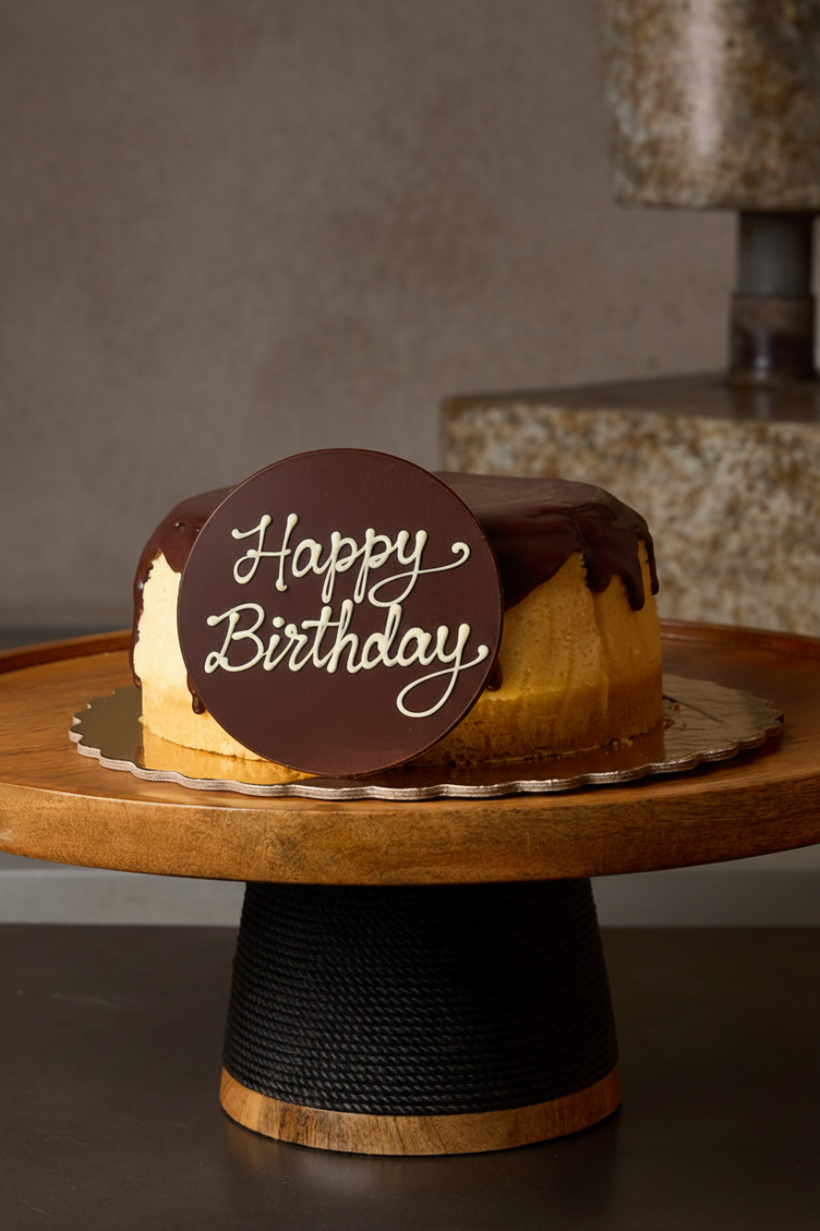 Happy Birthday plaque on Chocolate Cheesecake