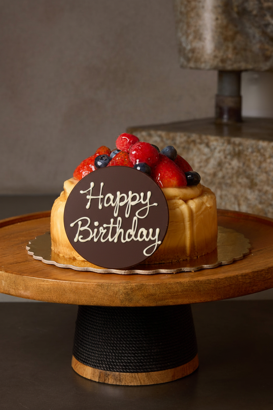 Happy Birthday plaque on Fresh Fruit Cheesecake